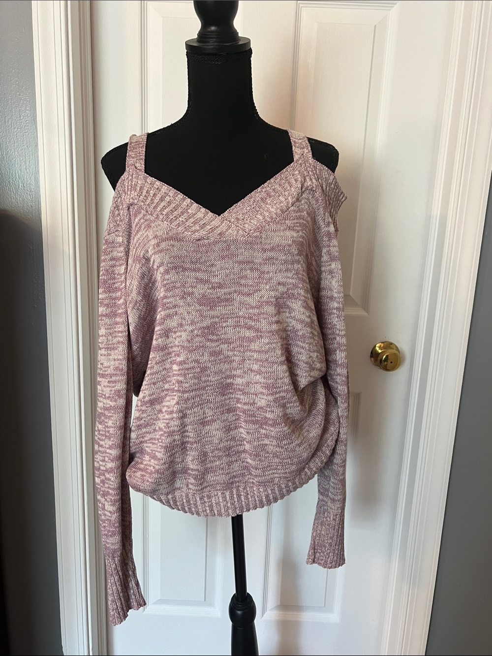 Pink Marled Cold-Shoulder V-Neck Sweater